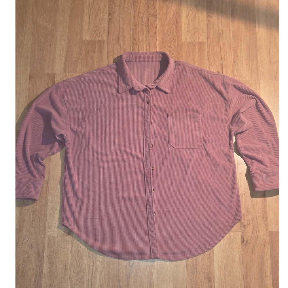 Mauve Corduroy Button Down Shirt Oversized Long Sleeve Ribbed Blouse 2XL